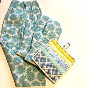 Handmade Waist Apron + Matching Oven Mitts + Pot Holder Kitchen Linens